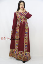 Classy Burgundy Palestinian Embroidered Thobe Dress With Multicolored Embroidery