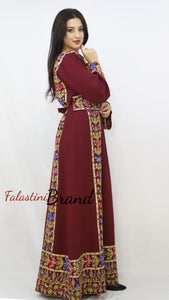 Classy Burgundy Palestinian Embroidered Thobe Dress With Multicolored Embroidery