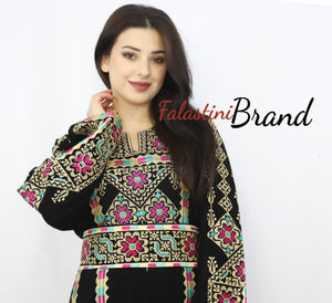 Black Floral Palestinian Embroidered Thobe