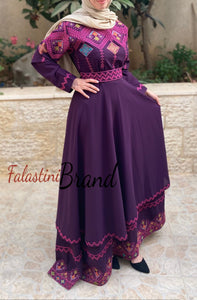 Elegant Purple Palestinian Embroidered Cloche Layered Dress