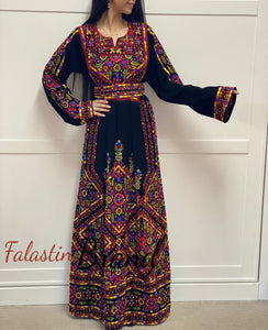 Manajil Palestinian Red Embroidered Floral Thobe Dress Palestinian Embroidery