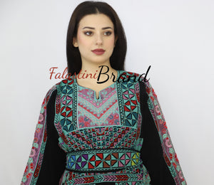 Gorgeous Black and Green Full Details Palestinian Embroidered Dress With Satin