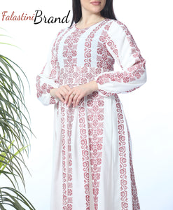 Stunning Multi Lines White And Red Palestinian Embroidered Thobe Dress Palestinian Design And Embroidery