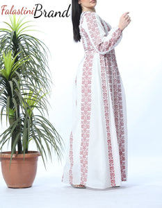 Stunning Multi Lines White And Red Palestinian Embroidered Thobe Dress Palestinian Design And Embroidery