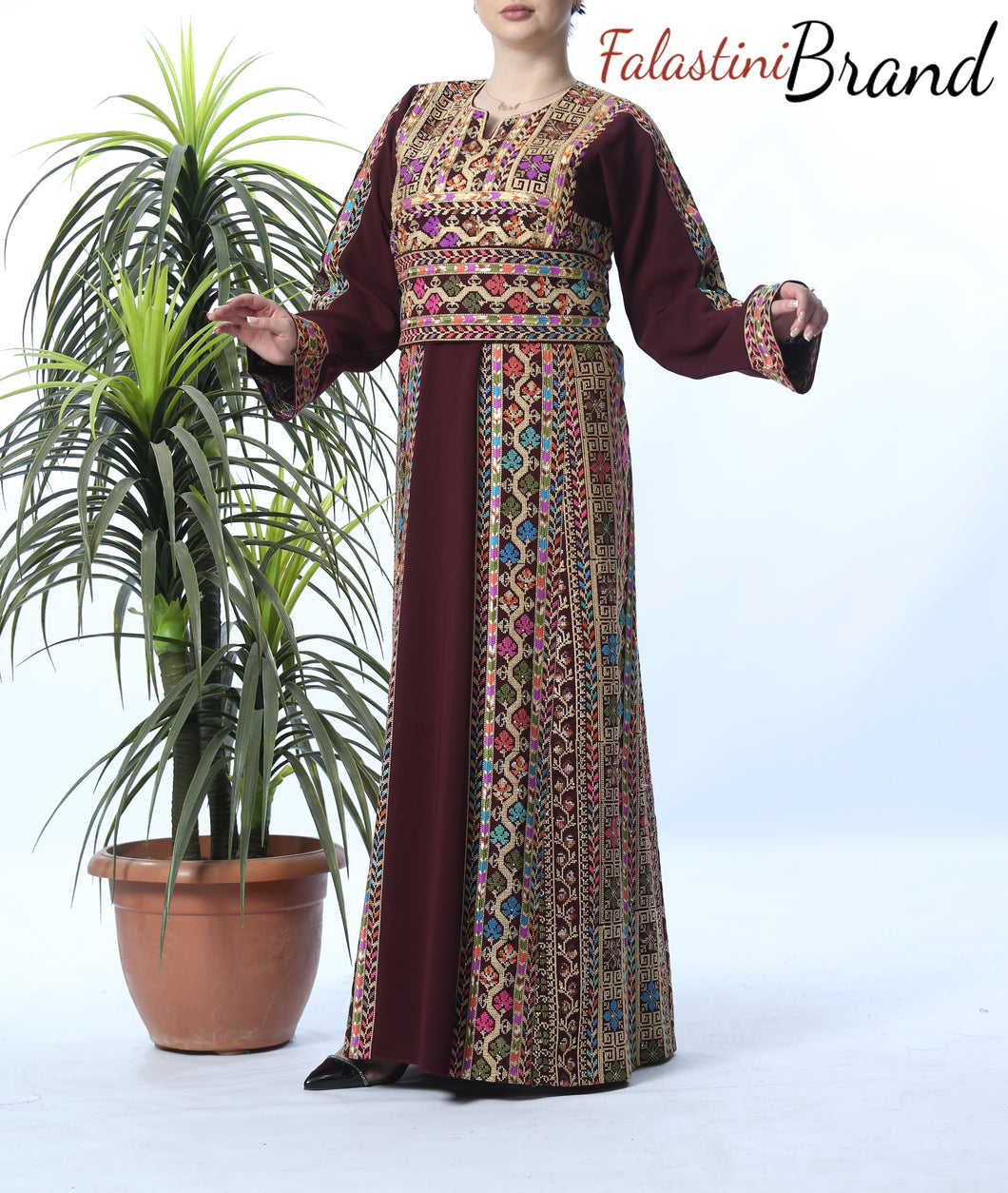 Amazing Burgundy Manajil Palestinian Embroidered Thobe Dress With Astonishing Embroidery