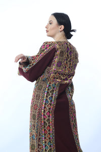 Amazing Burgundy Manajil Palestinian Embroidered Thobe Dress With Astonishing Embroidery