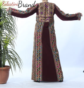 Amazing Burgundy Manajil Palestinian Embroidered Thobe Dress With Astonishing Embroidery