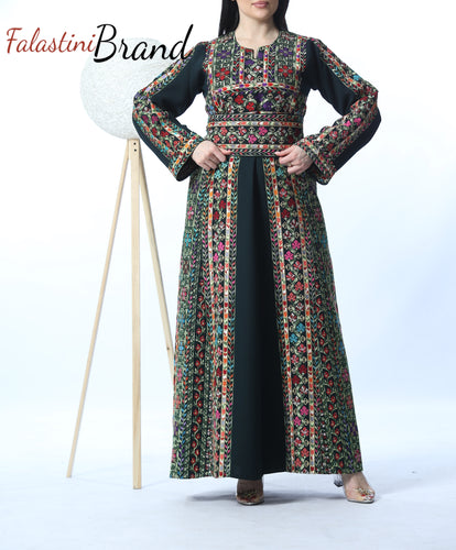 Amazing Dark Green Manajil Palestinian Embroidered Thobe Dress With Astonishing Embroidery