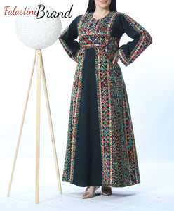 Amazing Dark Green Manajil Palestinian Embroidered Thobe Dress With Astonishing Embroidery