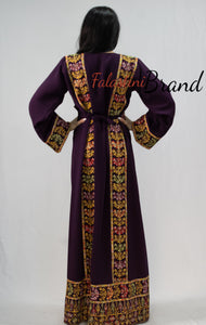 Classy Purple Palestinian Embroidered Thobe Dress With Multicolored Embroidery