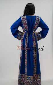 Classy Royal Blue Palestinian Embroidered Thobe Dress With Multicolored Embroidery