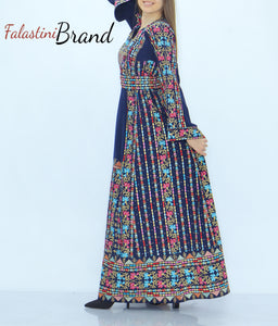 Amazing Navy Palestinian Embroidered Thobe Dress With Astonishing Embroidery