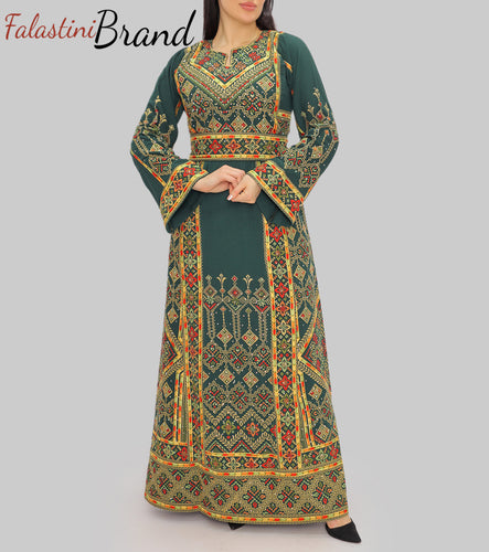 Amazing Green Palestinian Embroidered Thobe Dress With Astonishing Embroidery