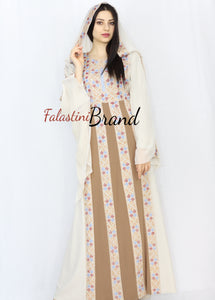 Stylish Cream Color Brown Stripes Palestinian Embroidered Dress Thobe