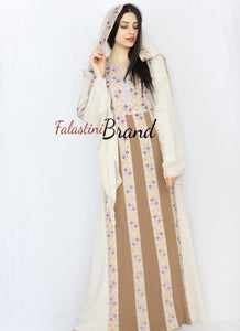 Stylish Cream Color Brown Stripes Palestinian Embroidered Dress Thobe