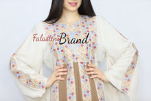 Stylish Cream Color Brown Stripes Palestinian Embroidered Dress Thobe