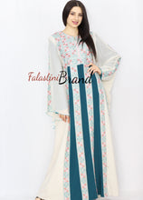 Stylish Cream Color Turquoise  Stripes Palestinian Embroidered Dress Thobe