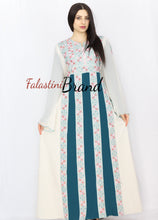 Stylish Cream Color Turquoise  Stripes Palestinian Embroidered Dress Thobe