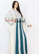 Stylish Cream Color Turquoise  Stripes Palestinian Embroidered Dress Thobe