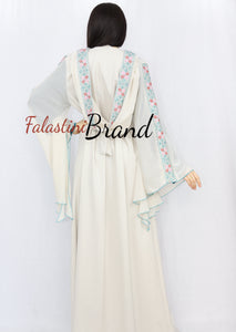 Stylish Cream Color Turquoise  Stripes Palestinian Embroidered Dress Thobe