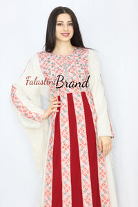 Stylish Cream Color Burgundy Stripes Palestinian Embroidered Dress Thobe