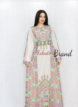 Elegant Cream Color Greenish Palestinian Embroidered Dress Thobe