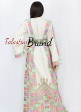 Elegant Cream Color Greenish Palestinian Embroidered Dress Thobe