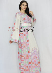 Elegant Cream Color Purple Palestinian Embroidered Dress Thobe