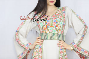 Elegant Cream Color Waves Palestinian Embroidered Dress Thobe