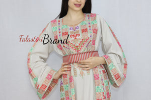 Elegant Cream Color Brown Red Palestinian Embroidered Dress Thobe