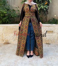 Black Golden Georgette Embroidered Open Abaya Kaftan Maxi Dress Long Split Sleeve