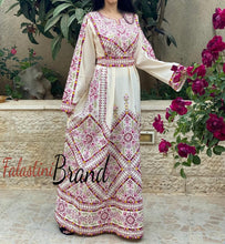 Manajil Off-White Palestinian Embroidered Floral Thobe Dress Palestinian Embroidery