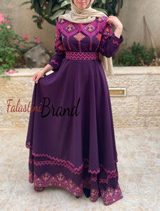 Elegant Purple Palestinian Embroidered Cloche Layered Dress