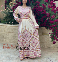 Manajil Off-White Palestinian Embroidered Floral Thobe Dress Palestinian Embroidery