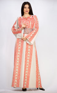 Palestinian Embroidered White & Melon Thobe Dress Long Sleeve Palestinian Amazing Embroidery