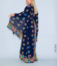 Distinctive Navy Grape Leaves Palestinian Embroidered Colorful Zippered Abaya Slit Sleeve